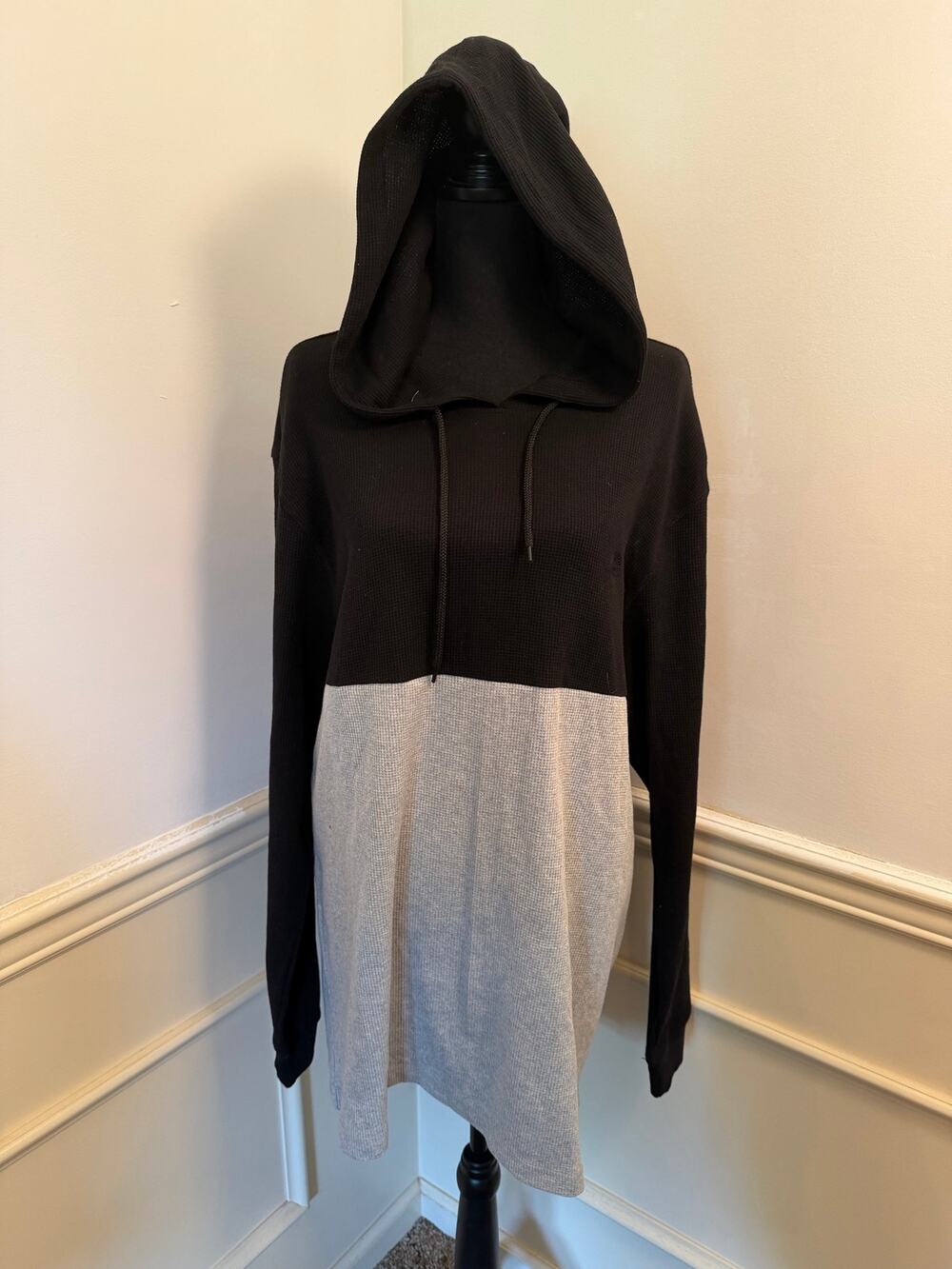 Akademiks Men's Colorblock Waffle Knit Thermal Hoodie Shirt Black Gray Y2K